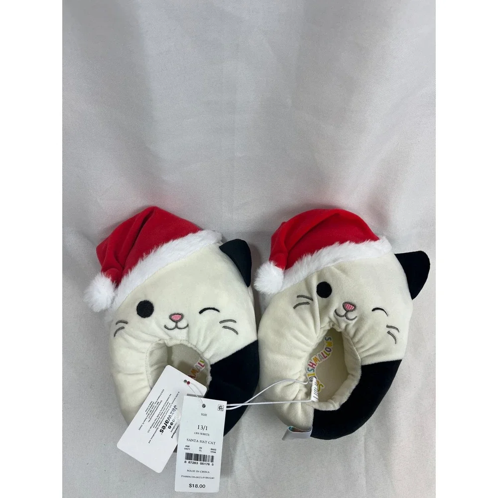 Squishmallows Santa Hat Cat Kids Slippers Off-White Black Christmas Size 13/1